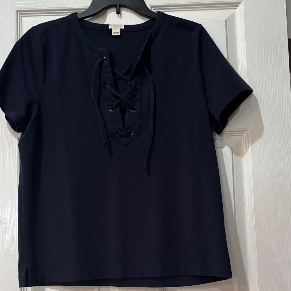 J. Crew Navy Lace-Up Short Sleeve Blouse